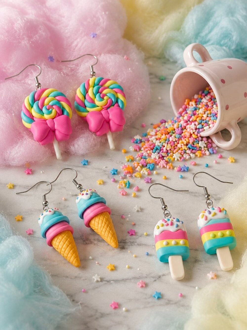 Resin Ice Cream Popsicle Lollipop Kawaii Food Dangle Earrings Set 3 Pair 2.55"